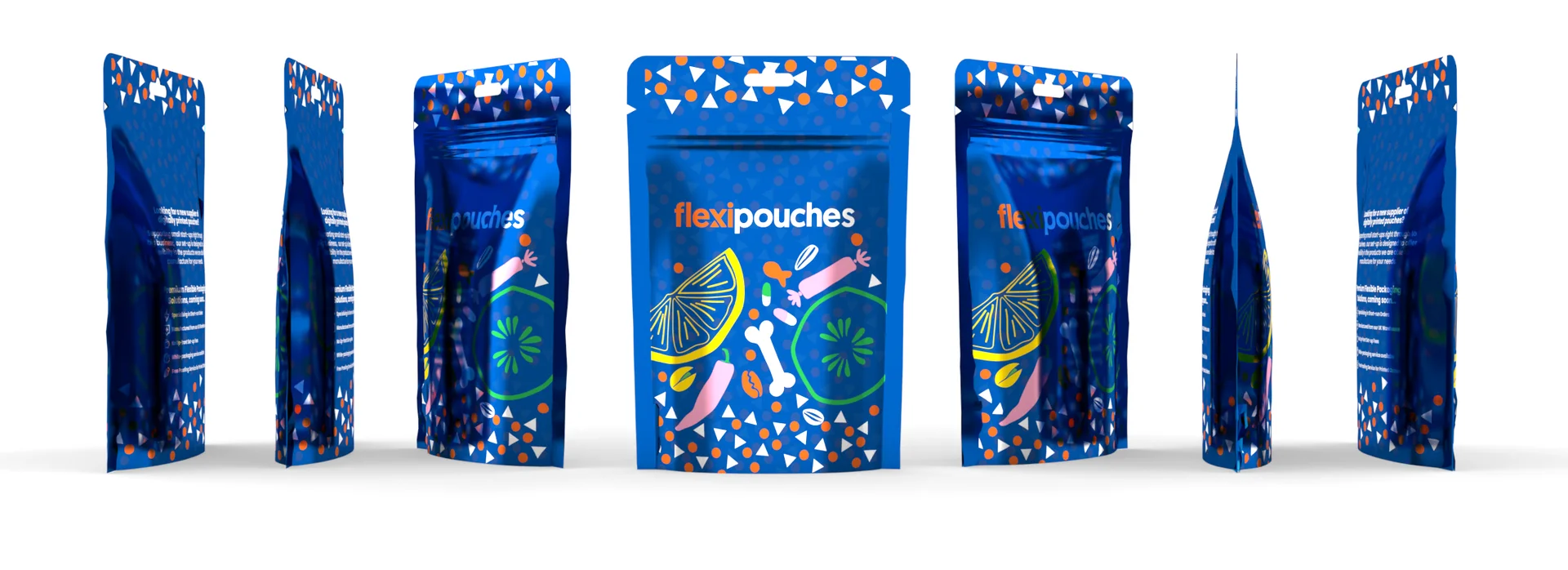 Seven printed stand up pouches in a line